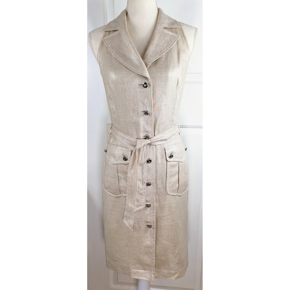 Escada Metallic Champagne Linen Safari Dress Panther Buttons Belted Size 34 US 4